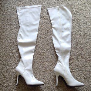 White thigh high heeled boots